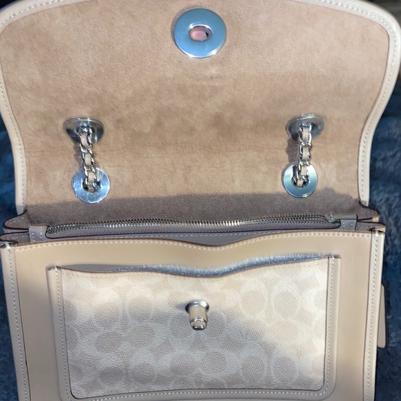 Coach Parker Tea Rose Turnlock Shoulder Bag Tan Leather Silver Chain - Picture 6 of 8